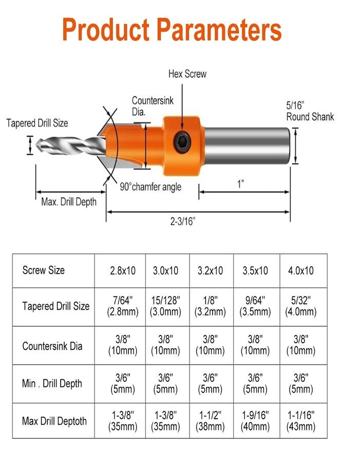 Serplex® 10Pcs Wood Countersink Drill Bit Set, 5Pcs Countersink Drill Bit with 5Pcs Extra Pilot Drill Bit, Tapered Drill Bits with 5/16" Round Shank, Counter Sinker Drill Bit Set for Woodworking - Image 3
